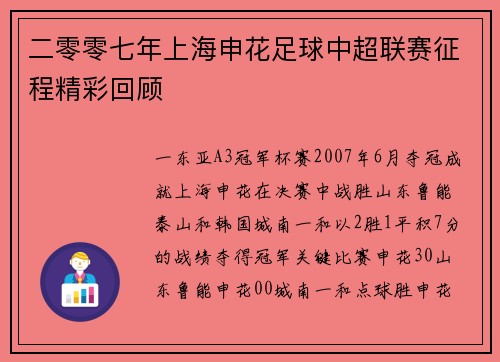 二零零七年上海申花足球中超联赛征程精彩回顾